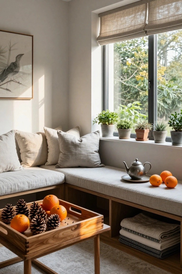 Indoor corner with beige linen window seat cushions, small potted plants on windowsill, silver teapot with oranges on seat, and wooden tray of pinecones and oranges on floor by built-in bench.