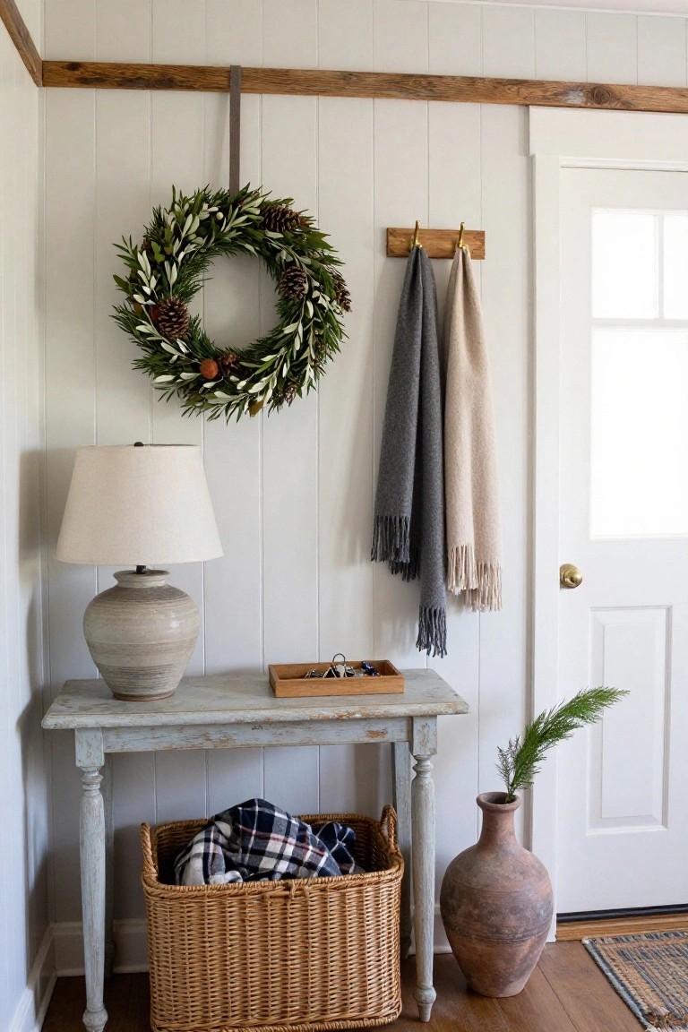 Entryway corner with white shiplap walls and wood beam ceiling, olive leaf wreath with pinecones hanging near a white door, console table with ceramic lamp and wooden tray, hanging scarves on hooks, wicker basket with blankets, and potted plants.