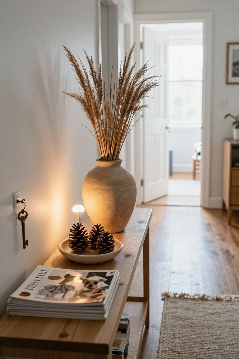 Wooden console table in a light hallway holds a shallow dish of pinecones, stacked magazines, a small lamp, and tall dried pampas grass in a terracotta vase, with an open white door at the end.