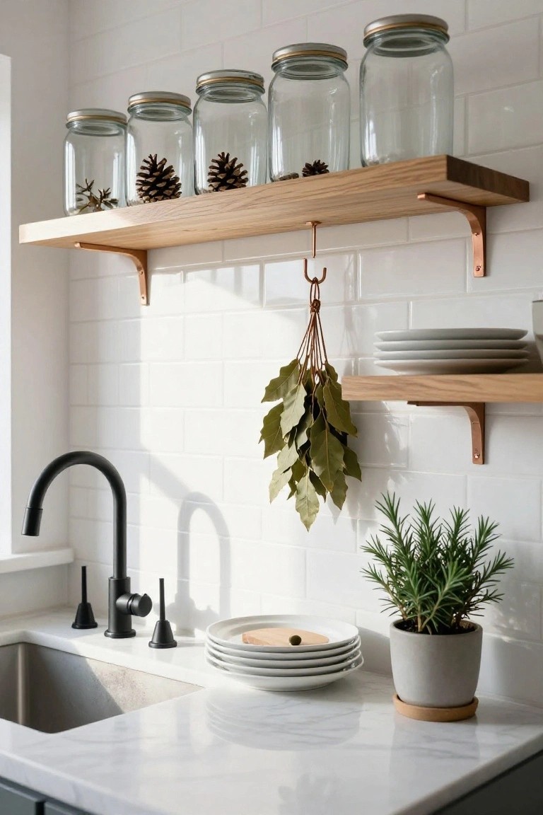 Kitchen with white subway tile walls, oak open shelves holding clear glass jars containing pinecones and star anise, hanging bundle of bay leaves, black faucet over white sink, stack of white plates, and potted rosemary plant on marble countertop.