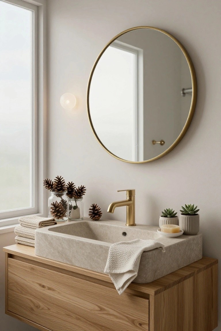 Bathroom vanity with beige stone sink, gold single-handle faucet, glass jars filled with pinecones, small potted succulents, soap dish, folded towels, and wooden cabinet below, next to a round gold mirror and window.