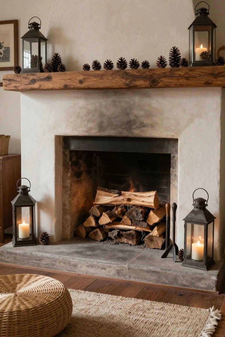 A rustic interior fireplace with stacked firewood in the hearth, a wooden beam mantel decorated with a row of pinecones and flanked by lanterns with candles, additional lanterns and pinecones on the hearth sides, and a woven pouf on the wood floor nearby.