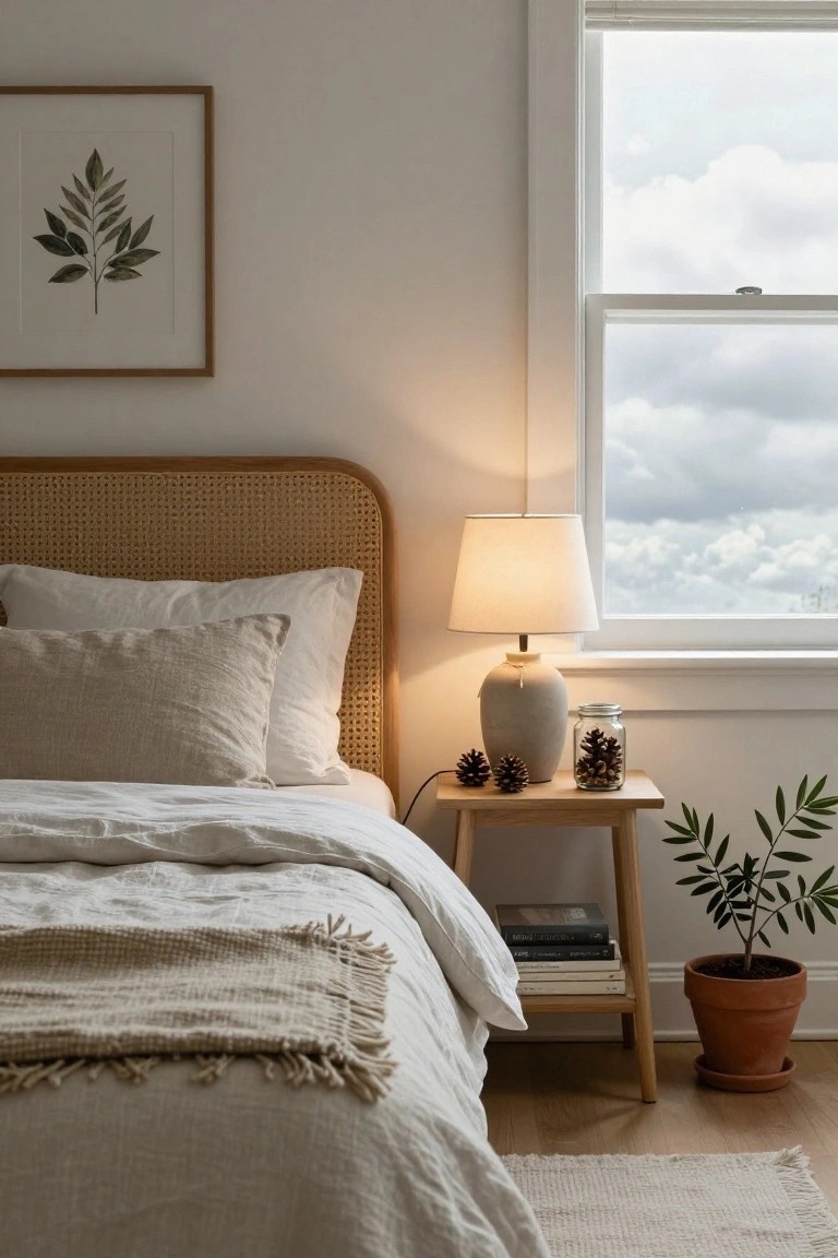 Bedroom with rattan headboard bed draped in white linens and throw, wooden nightstand holding ceramic lamp, glass jar of pinecones, loose pinecones, books, and potted olive tree near window with blinds and cloudy sky.