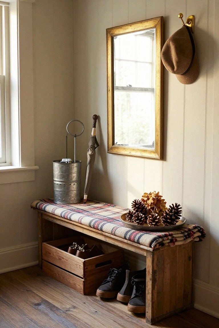 Entryway corner featuring wooden bench with plaid blanket, dish of pinecones on top, wooden crate of boots and shoes underneath, galvanized bucket with umbrella stand, brown hat on wall hook, and gold-framed mirror on paneled wall.
