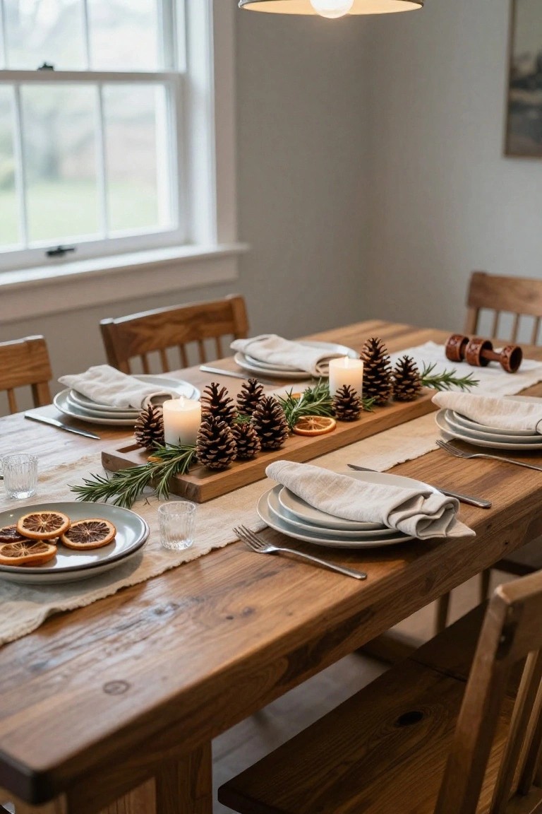 Dining room table with wooden chairs, set with white plates, linen napkins, silverware, glasses, and a rectangular wooden tray centerpiece holding pinecones, white pillar candles, rosemary branches, and dried orange slices.