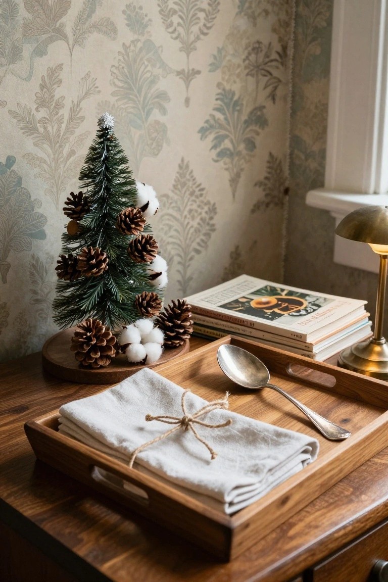 Small artificial Christmas tree decorated with pinecones and cotton bolls on a round wooden base atop a wooden table, next to stacked books, a brass desk lamp, and a wooden tray holding folded white linens tied with twine and a silver spoon, against beige floral wallpaper.