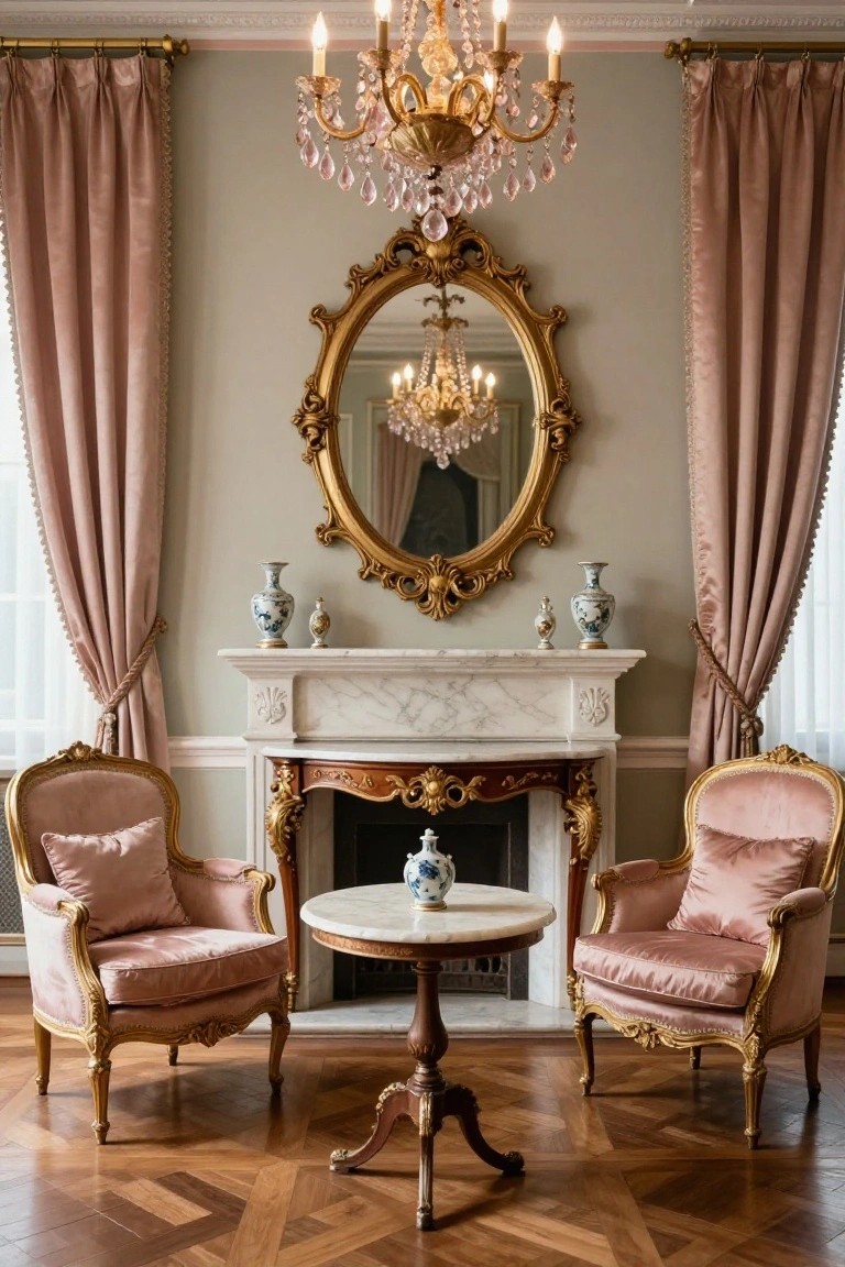 A sitting area in a pale green-walled room with two matching blush pink velvet armchairs facing a marble-topped round table in front of a white marble fireplace flanked by pink velvet drapes, ornate gold mirror above the mantel, chandelier overhead, and parquet wood floor.