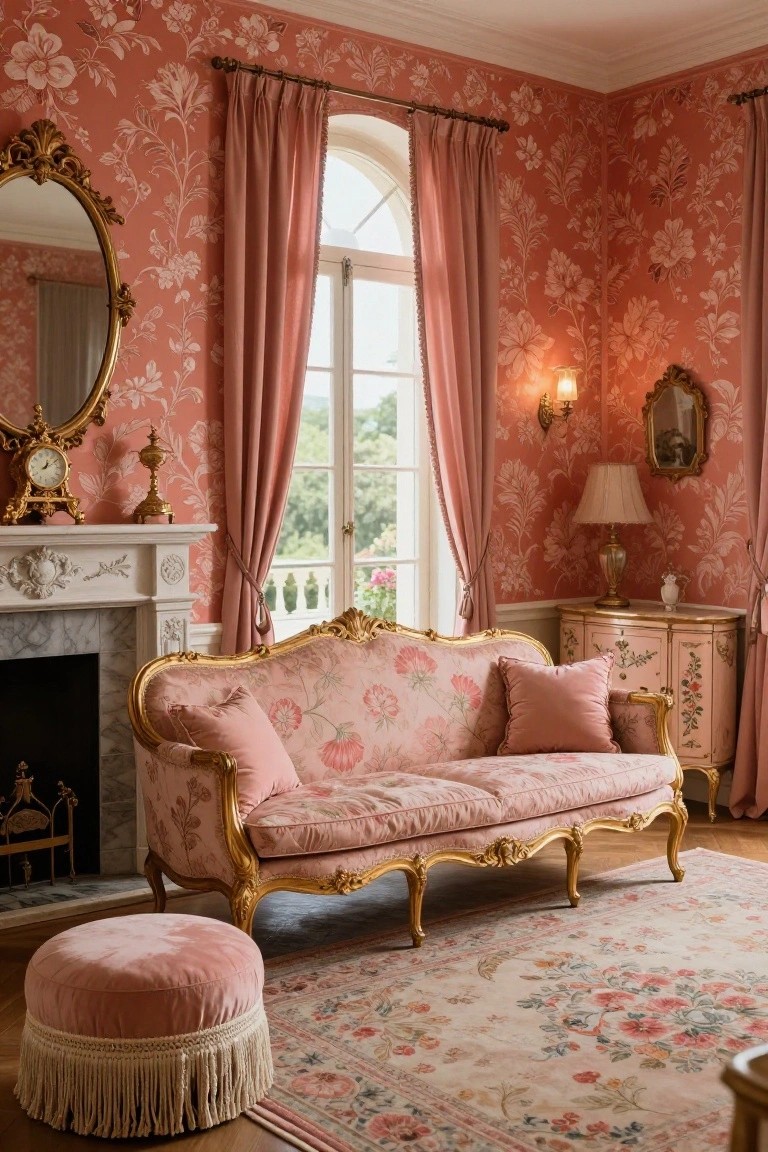 A living room with coral pink floral wallpaper on walls, gold-framed pink floral sofa, marble fireplace, gilded mirrors, pink velvet ottoman, and antique lamps.