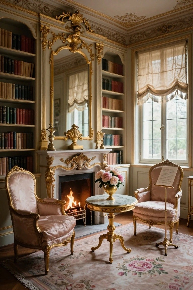 Rococo-style interior room with blush pink upholstered armchairs flanking a low round table beside a lit marble fireplace, surrounded by tall bookshelves, gold accents, and a large mirror.