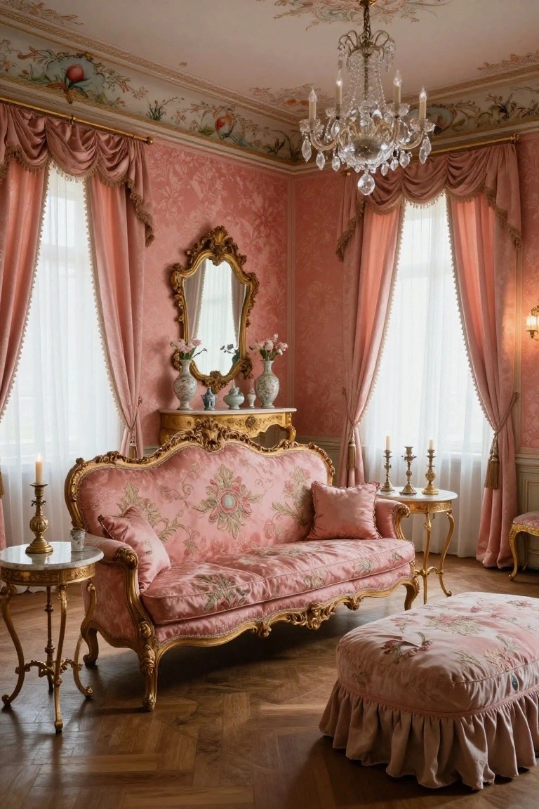 Pink Rococo-style living room with ornate gilded sofa, matching pink floral pillows and footstool, pink patterned walls, chandelier, gold mirror, vases, and candleholders on parquet floor.