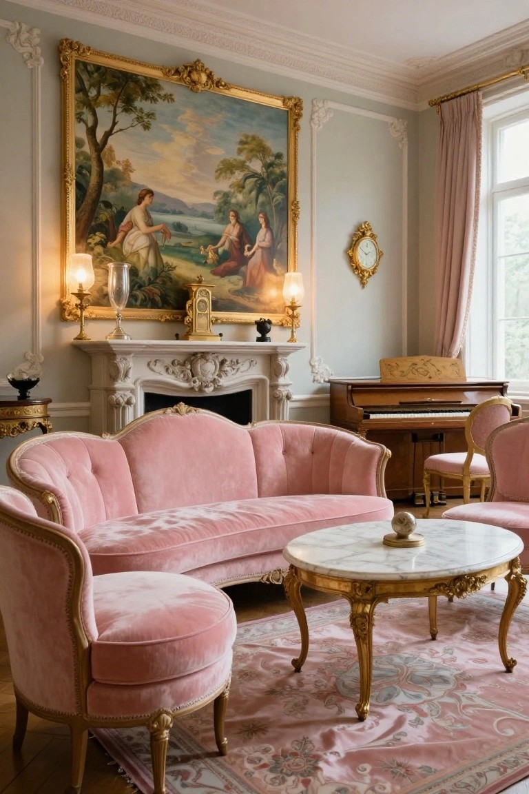 A living room with curved blush pink velvet sofa and armchairs arranged around a white marble and gold coffee table, ornate white fireplace, large gold-framed painting, candle lamps, piano, and pink drapes on pale green walls.