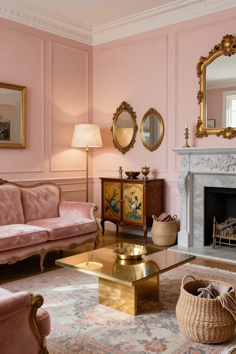 A living room with blush pink paneled walls, pink velvet sofa, multiple gold-framed mirrors, lacquered wood cabinet, marble fireplace, brass coffee table, floor lamp, and woven baskets on a patterned rug.