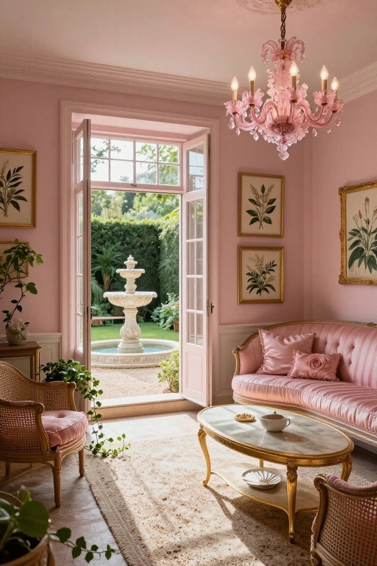 Pink-walled interior room with tufted pink sofa, gilded marble-top table, rattan chairs with pink cushions, botanical artwork, pink chandelier, and open French doors revealing a garden fountain.