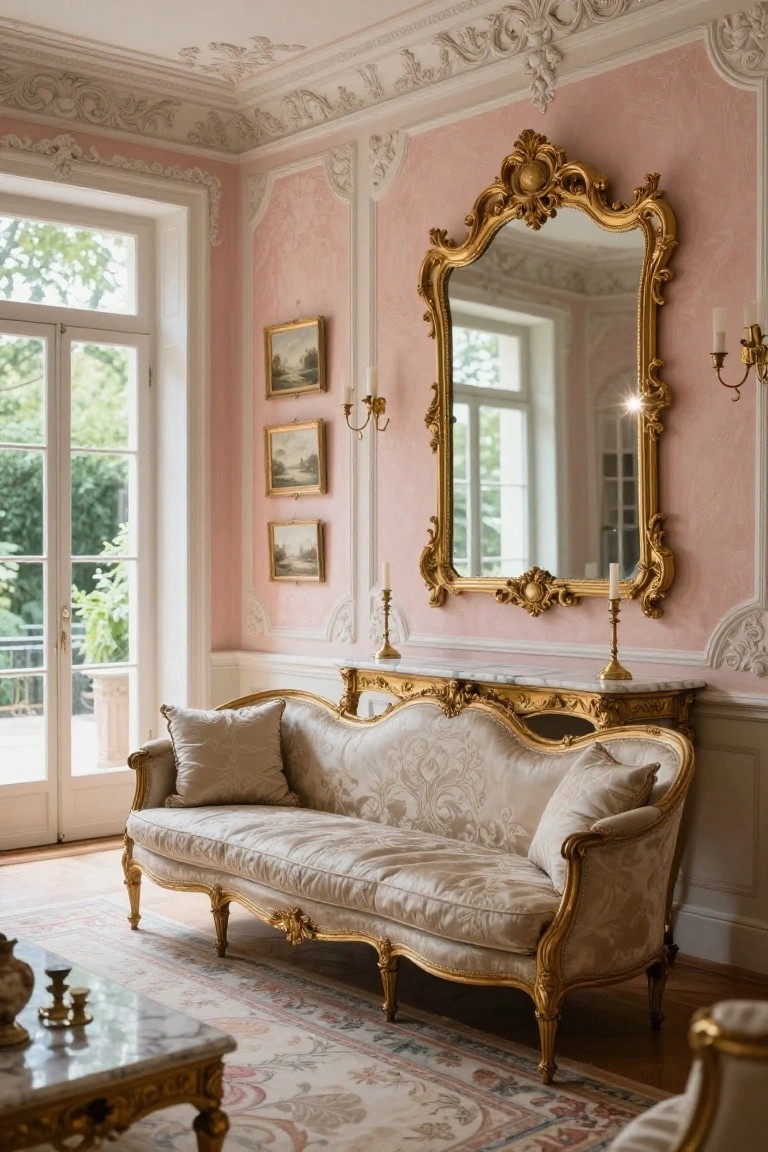 Pastel pink living room with cream-upholstered Rococo sofa on cabriole legs, matching gilded mirror above marble-topped console, landscape paintings, wall sconces, and French doors to garden.