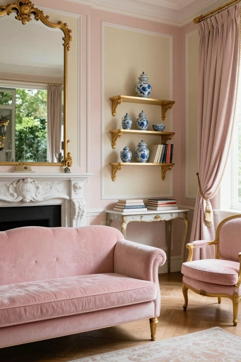 A living room corner with pale pink walls, large ornate gold mirror above a white fireplace, pink velvet sofa and armchair, gilded console table with stacked books, shelves holding blue and white porcelain jars, pink drapes at windows, and parquet flooring.