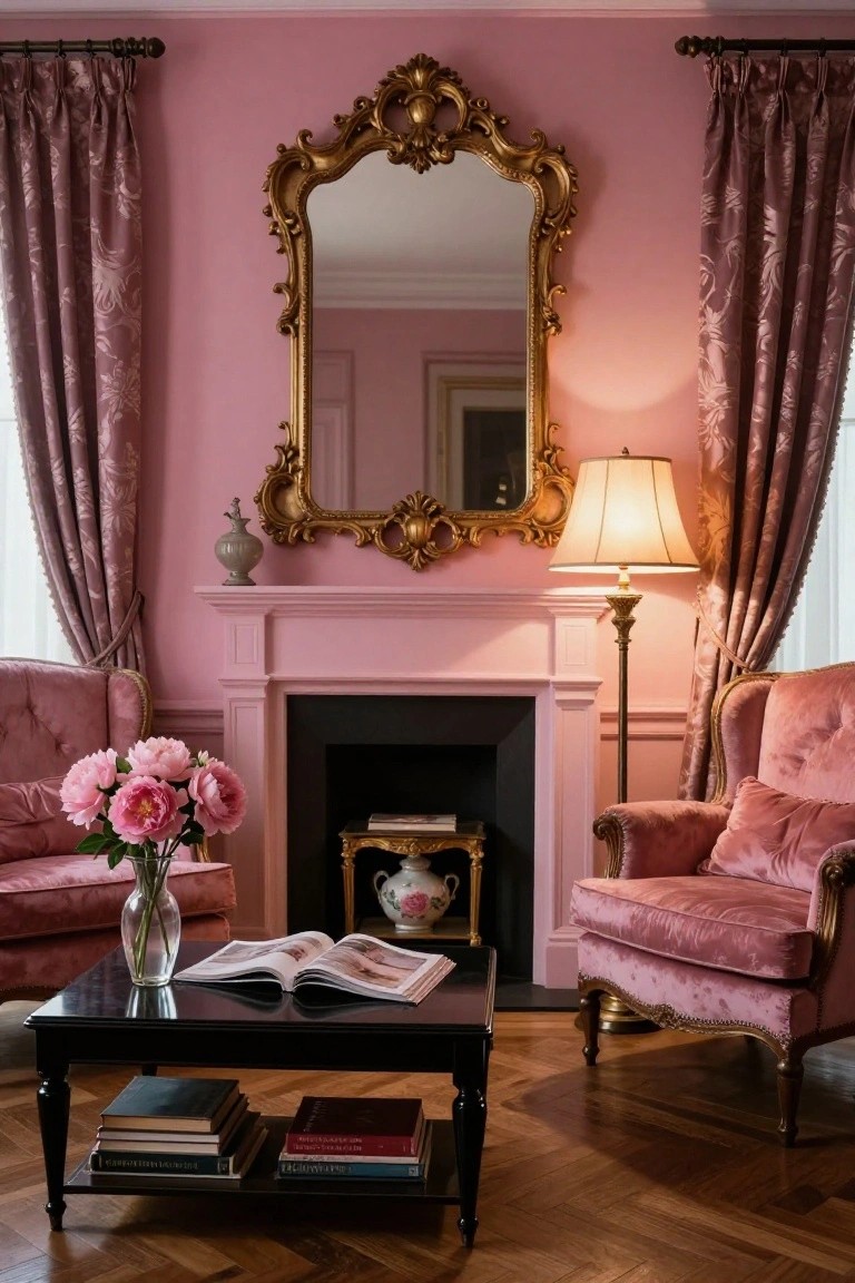 A living room with blush pink walls, large ornate gold-framed mirror over pink fireplace mantel, two pink velvet armchairs flanking coffee table with open magazine and vase of pink peonies, floor lamp, books on table, and purple patterned curtains.