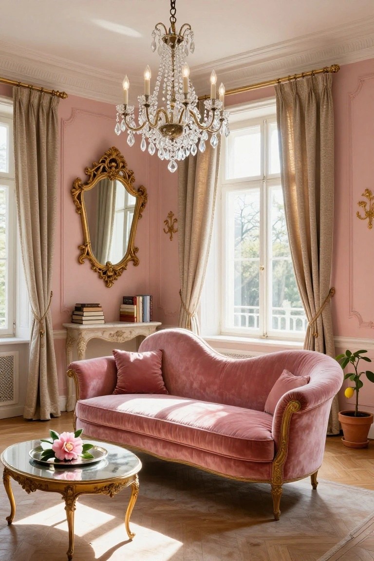 Blush pink living room with curved pink velvet sofa, gold chandelier, gilded mirror on wall, console table with books, glass coffee table holding a flower, and tall windows with beige curtains.