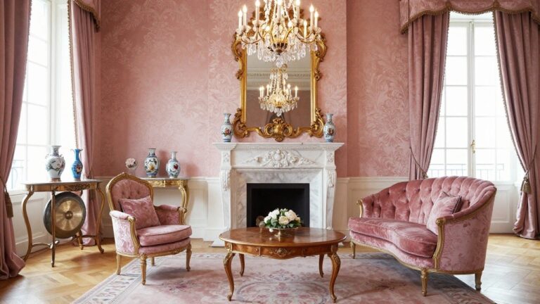 A blush pink Rococo living room with ornate gold-framed armchairs in pink velvet flanking a white marble fireplace, matching side tables with porcelain vases, a central wood table, large gilded mirror on the wall, chandelier overhead, and pink drapes at the windows.