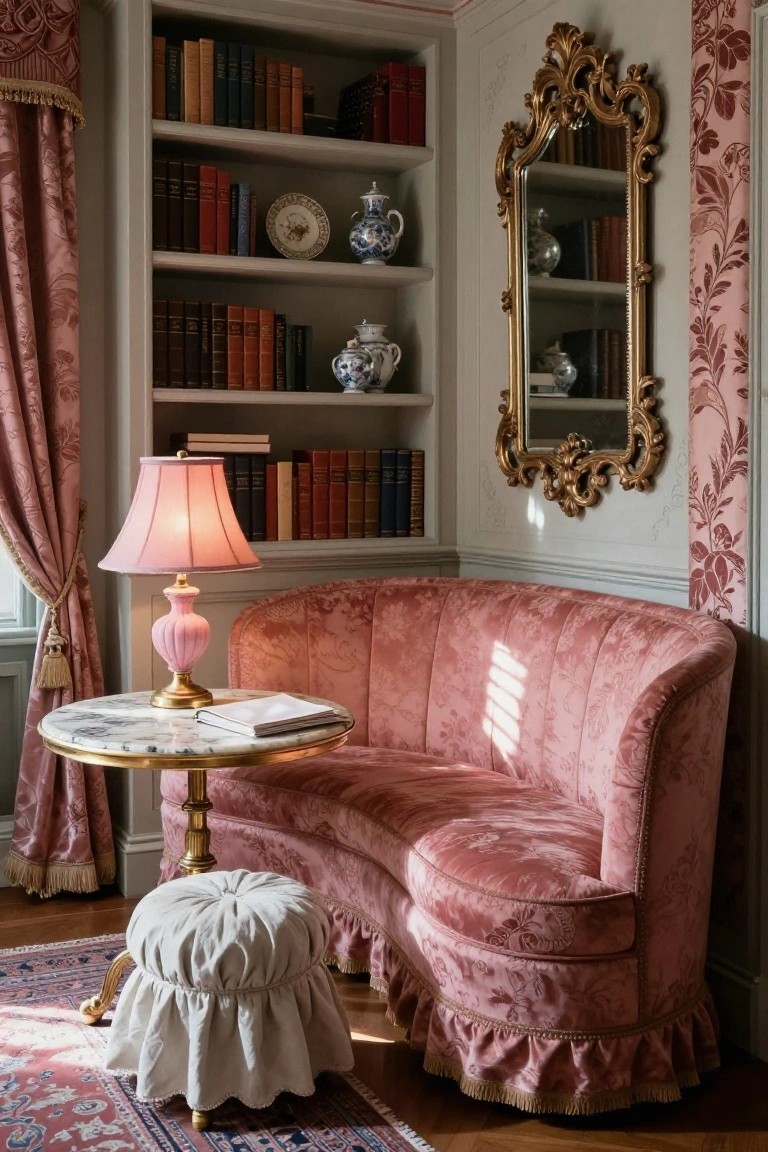 Corner of a library room with pink velvet curved chaise lounge, marble side table holding pink lamp and open book, white skirted ottoman, bookshelves filled with books and porcelain, ornate gold mirror, and pink drapes.
