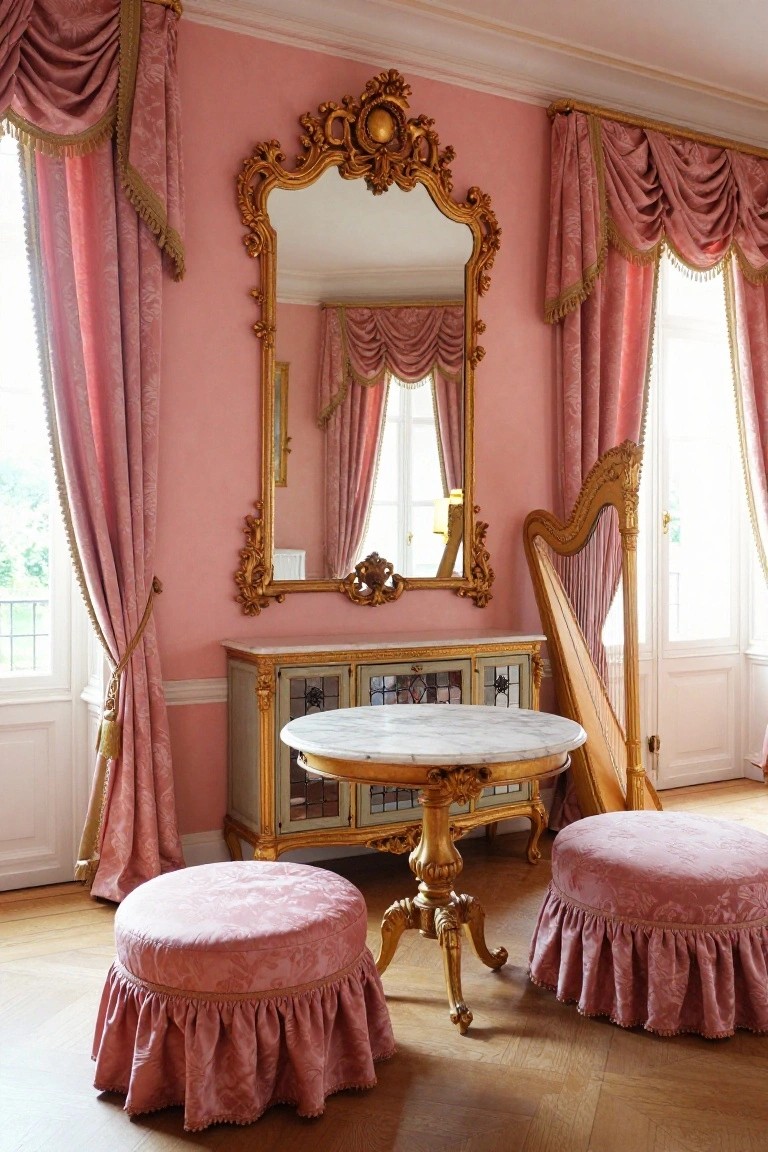 Pink-walled interior with large ornate gold mirror, gold harp, marble-topped round table on gold base flanked by two pink upholstered poufs, gold credenza, and pink drapery on tall windows.