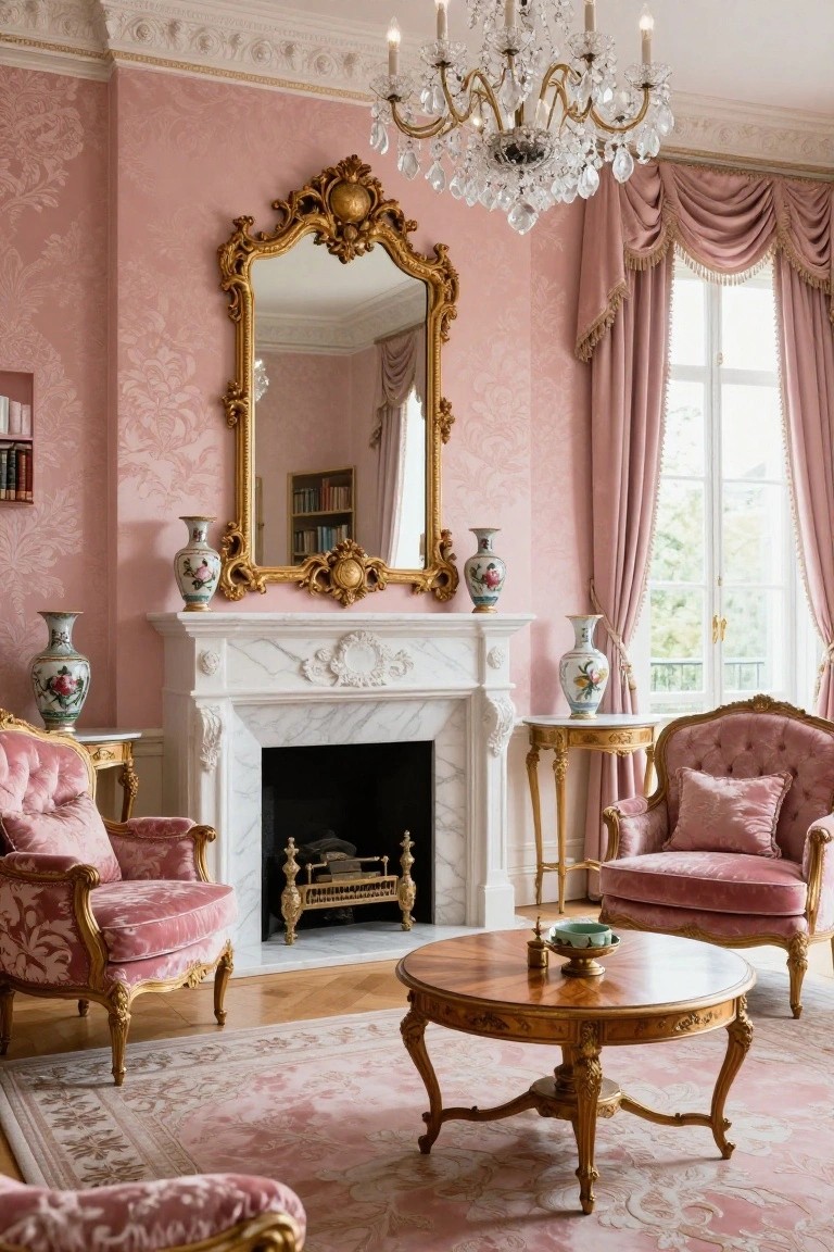 A blush pink Rococo living room with ornate gold-framed armchairs in pink velvet flanking a white marble fireplace, matching side tables with porcelain vases, a central wood table, large gilded mirror on the wall, chandelier overhead, and pink drapes at the windows.