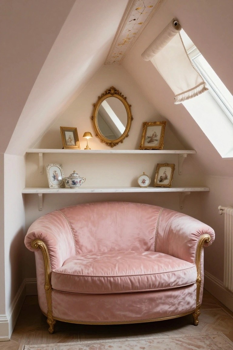 Pink velvet chaise lounge with ornate gold legs and arms in a pastel pink attic room under sloped ceiling, white floating shelves with porcelain items and framed artwork above, skylight with roller shade in background.