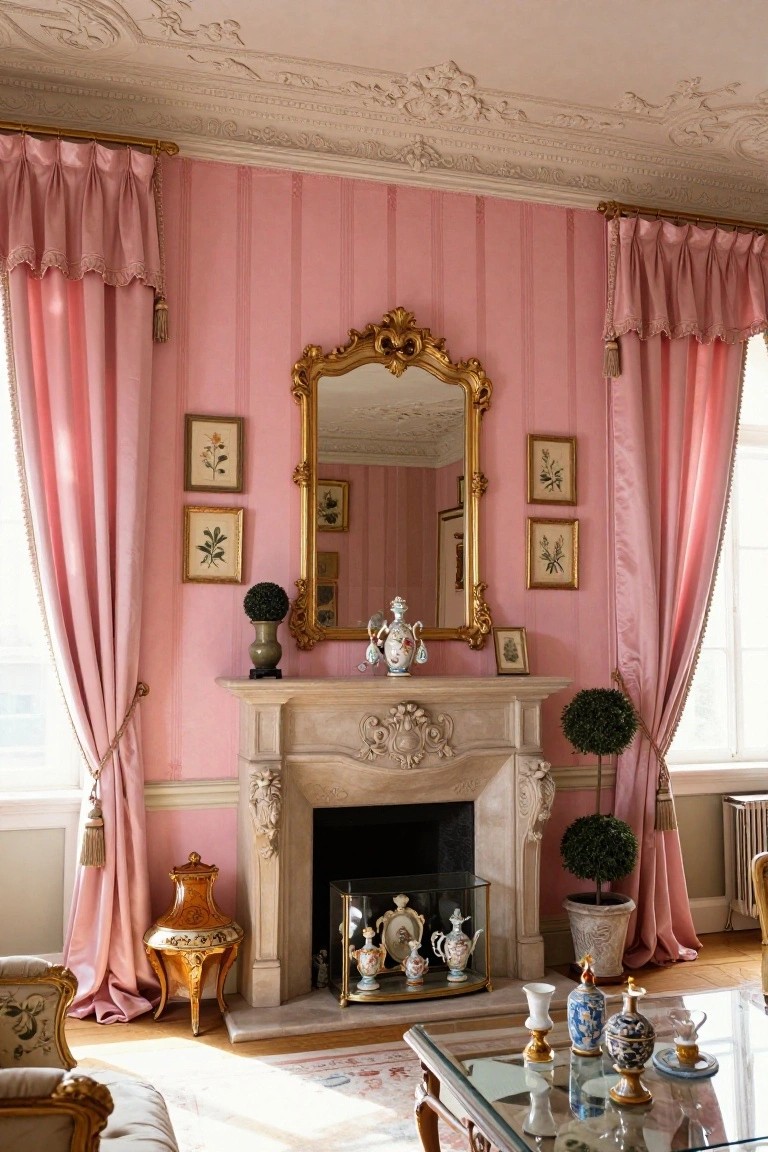 Pink living room with vertical striped walls, gold-framed mirror above ornate marble fireplace mantel displaying porcelain figurines, pink pleated curtains, and antique vases on tables.