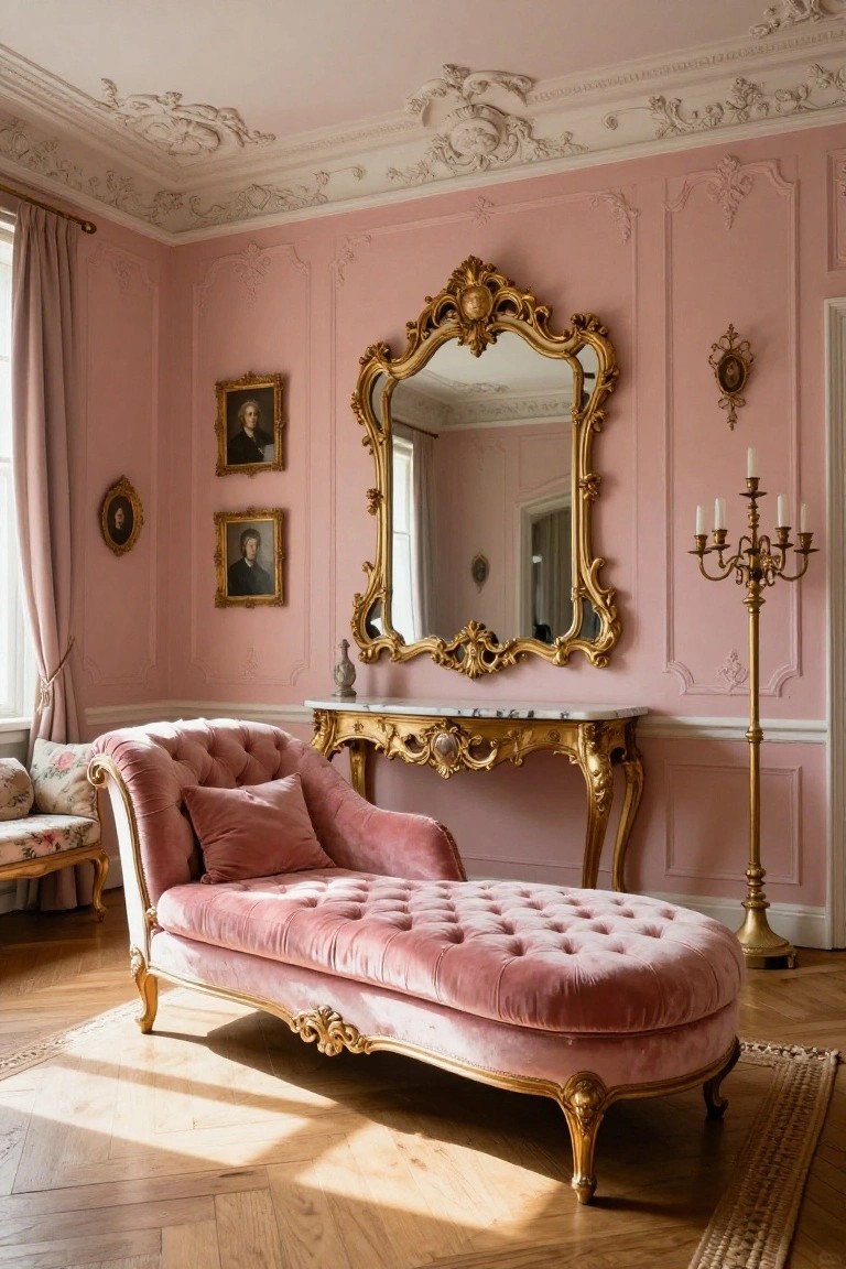 Pink Rococo-style living room with tufted pink velvet chaise lounge on ornate gold base, gold-framed mirror over marble-top console table, pink paneled walls, and gold candelabra.