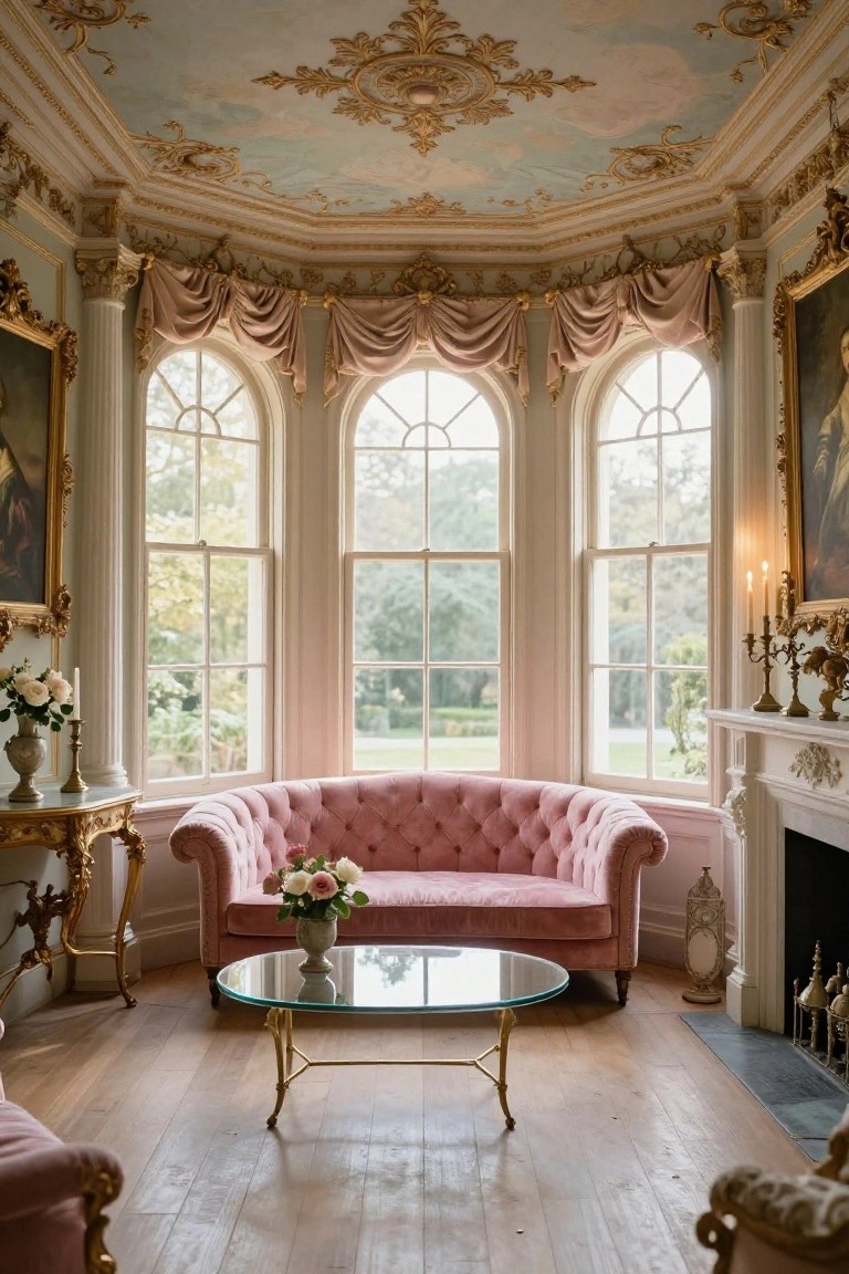 Ornate pastel living room with pink tufted curved sofa in bay window alcove, arched windows overlooking garden, gilded moldings, glass coffee table, and candleholders.
