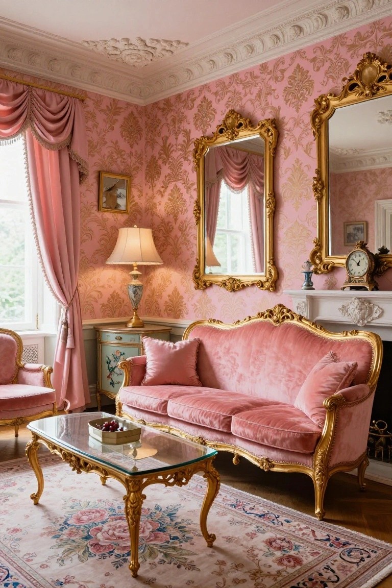 Pink Rococo-style living room with tufted velvet sofa and matching armchair, gilded mirrors, damask wallpaper, glass coffee table with fruit bowl, lamp, and fireplace.