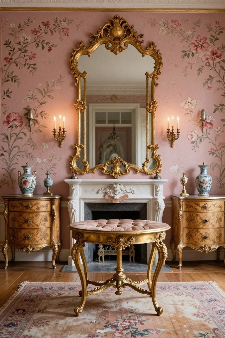 Pink floral wallpapered room with large gold rococo mirror over white fireplace flanked by matching gold console tables holding porcelain vases, central gold upholstered stool, and wall sconces.