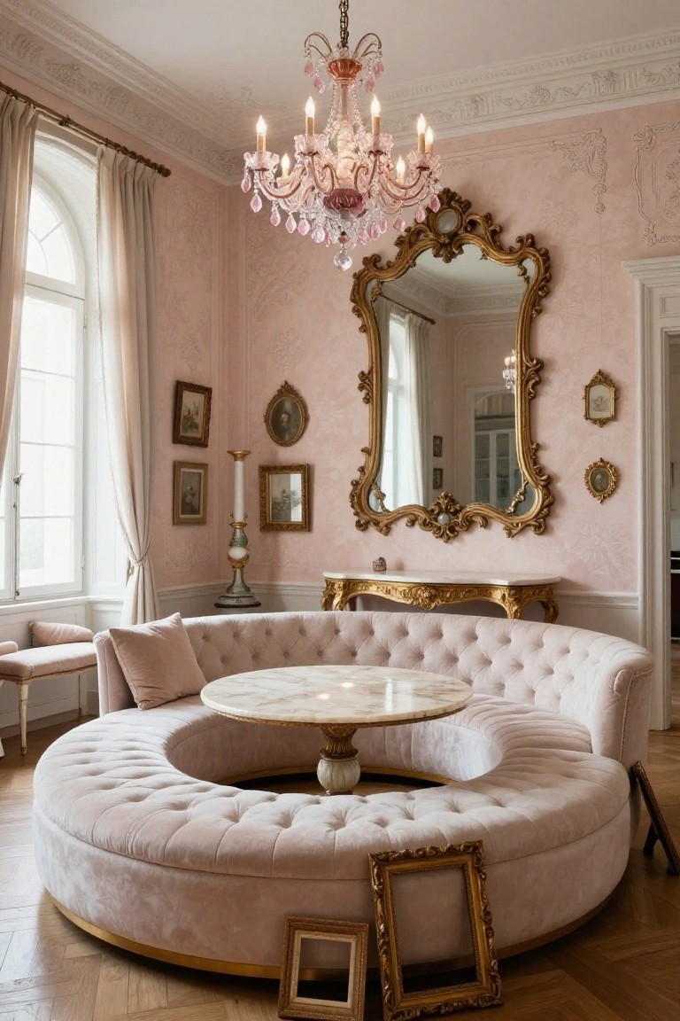 Pink Rococo living room with a large circular tufted pink sofa encircling a marble-topped table, gold chandelier overhead, ornate gold mirror on wall, and gilded console table.