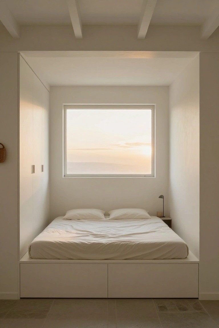 A minimalist white bedroom alcove with a raised platform bed centered under a large window overlooking a sunset, flanked by tall built-in wardrobes and a bedside lamp.
