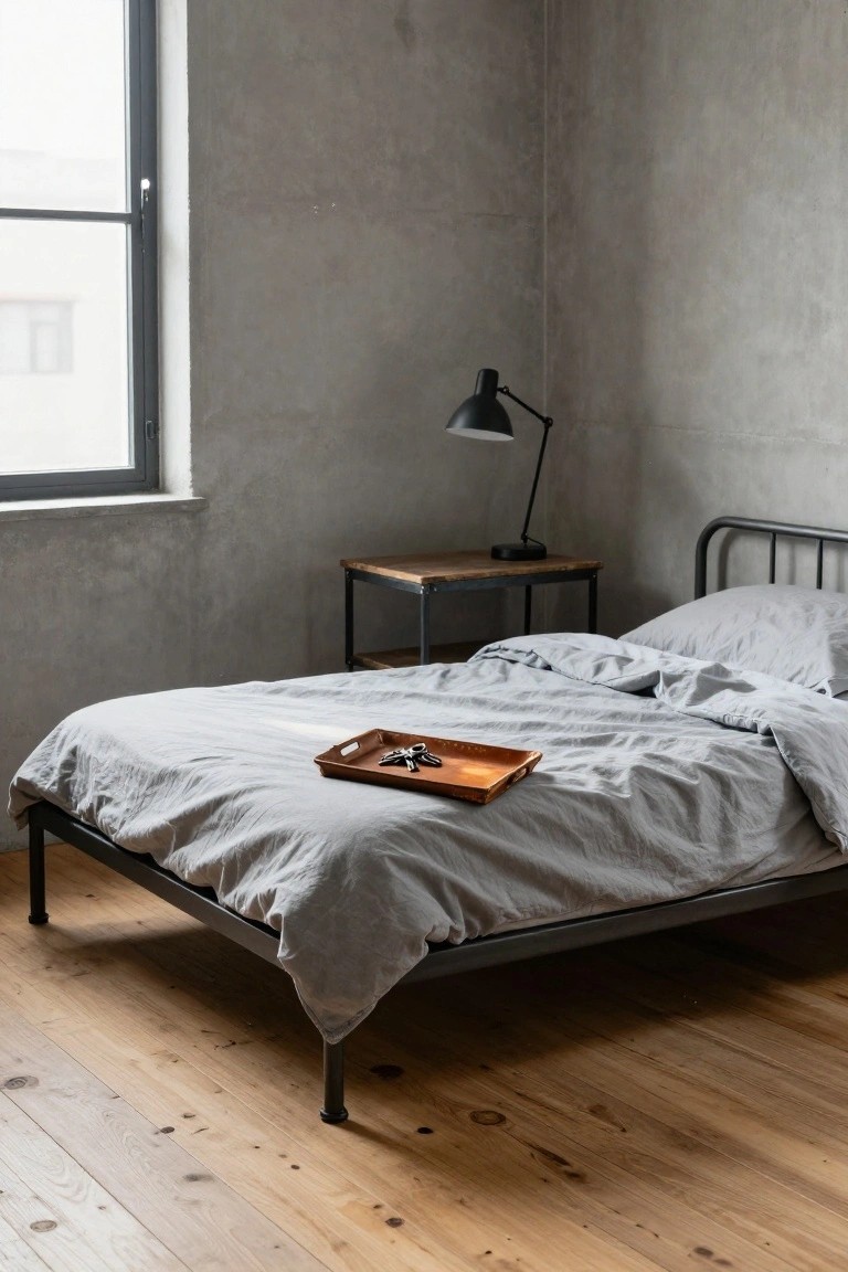 Minimalist bedroom featuring a metal bedframe with rumpled gray linens, a wooden tray on the bed holding keys and a utensil, bedside table with lamp, concrete walls, and wooden flooring.