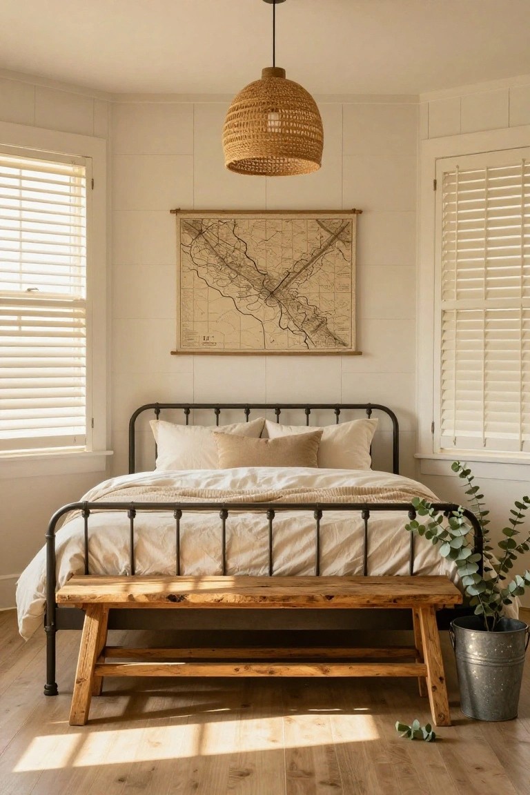 A bedroom with white walls, black metal bed frame topped with beige linens and pillows, wooden bench at foot of bed, rattan pendant light, vintage map on wall, eucalyptus in metal bucket, and plantation shutters on windows.