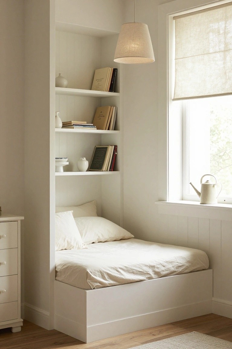 White built-in alcove in a bedroom with open shelves holding books, vases, and ceramics above a low platform bed with white linens, next to a window with linen roller shade and a white dresser.