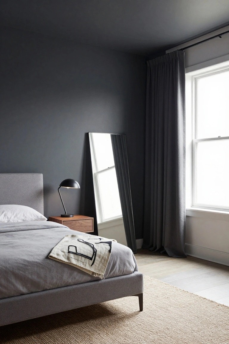 Bedroom with dark gray walls and ceiling, gray upholstered bed with white sheets and cream throw, wooden nightstand and black lamp, tall mirror, gray curtains on window, light wood floors, and beige seagrass rug.