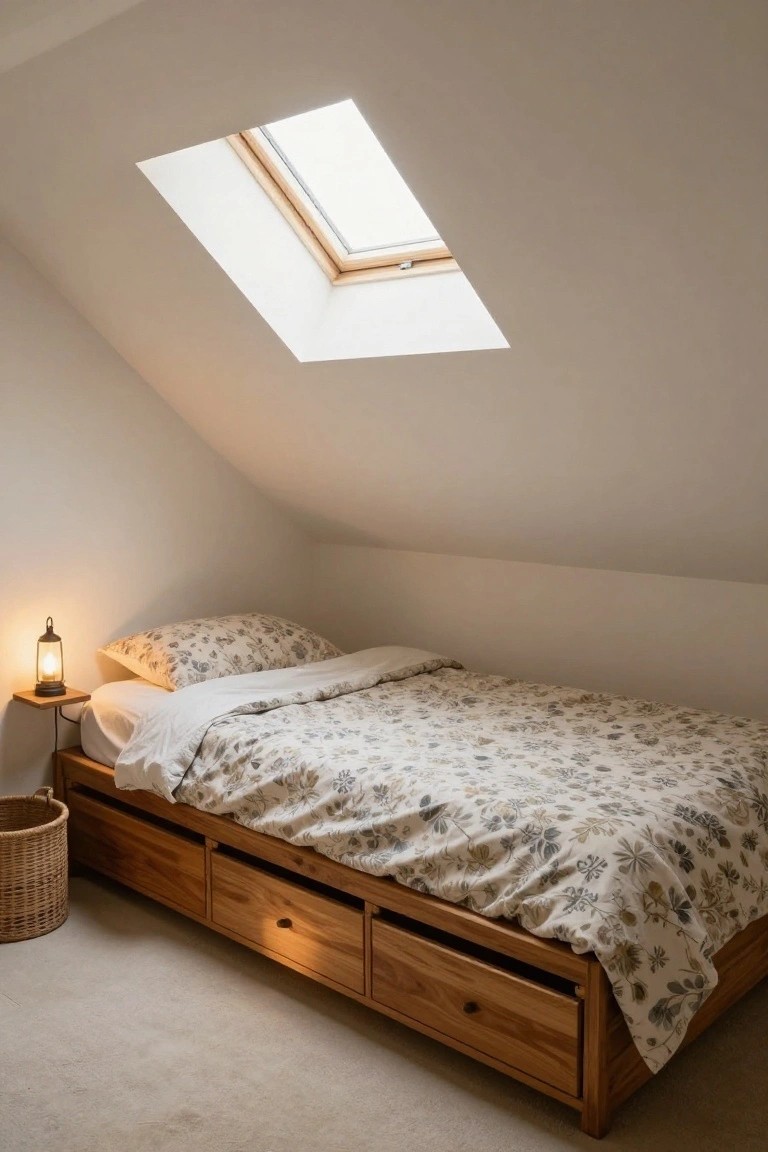 Wooden single bed with drawers under a sloped white ceiling, floral duvet cover, skylight window above, lantern lamp on wall shelf, and wicker basket nearby in a plain bedroom.