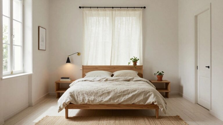 A minimalist bedroom featuring a low oak bed frame with beige linens and white pillows, sheer curtains on a tall window overlooking trees, potted plants, a wooden side table with books, a wall-mounted lamp, and a seagrass rug on light wood floors.