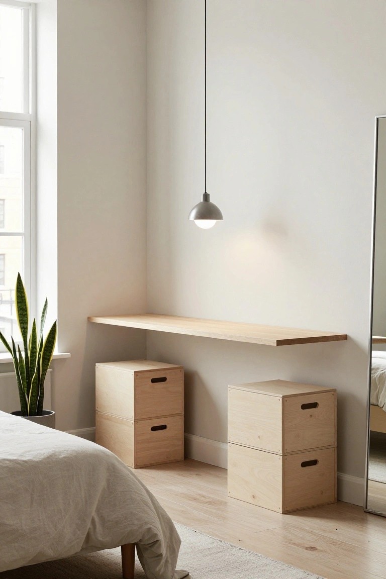 Bedroom corner with floating light wood shelf as desk, two stacked birch wood crates below as stools with handles, potted snake plant, white linen bed, full-length mirror, and window.
