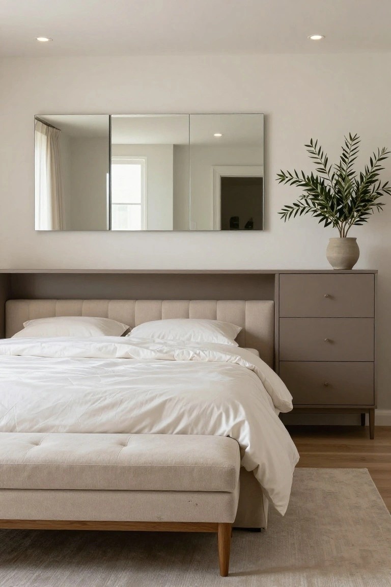 A minimalist bedroom with a white duvet-covered bed, gray upholstered headboard with built-in shelving, adjacent low dresser holding an olive branch in a terracotta pot, and a large three-panel mirror mounted on the wall above the bedhead.