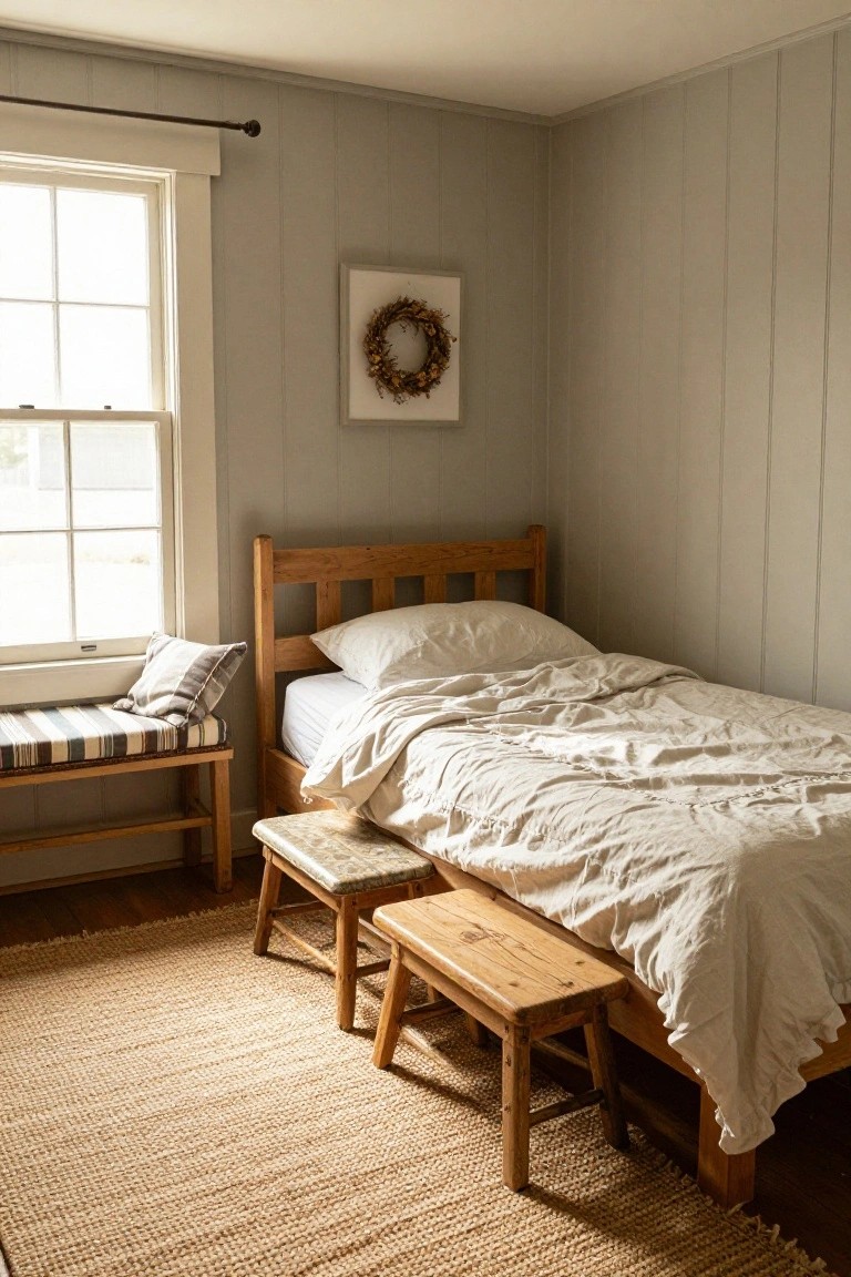 Bedroom corner with light gray vertical shiplap walls, wooden bed frame with white rumpled bedding and pillows, striped bench, wooden stools, seagrass rug, and double-hung window letting in natural light.