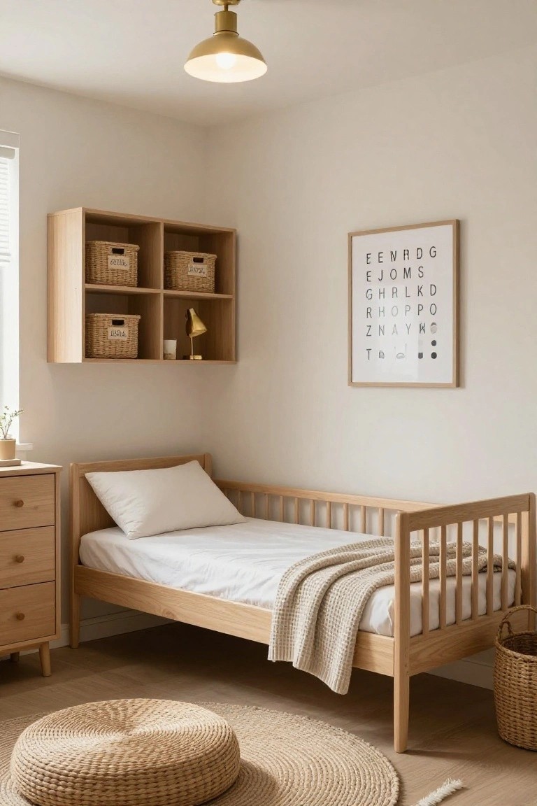 A minimalist child's bedroom with light oak toddler bed draped in a beige throw, matching dresser, wall-mounted oak shelves holding wicker baskets, gold lamp, alphabet poster on cream wall, woven pouf on jute rug, and hardwood floors.