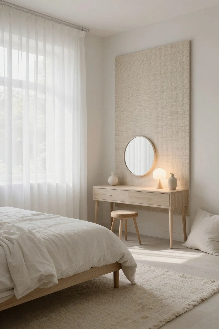 A minimalist bedroom with low wooden bed in white linens, wooden vanity desk with round mirror, two ceramic vases, mushroom lamp, wooden stool, sheer white curtains on window, beige textured wall panel, and light fluffy rug on pale floor.