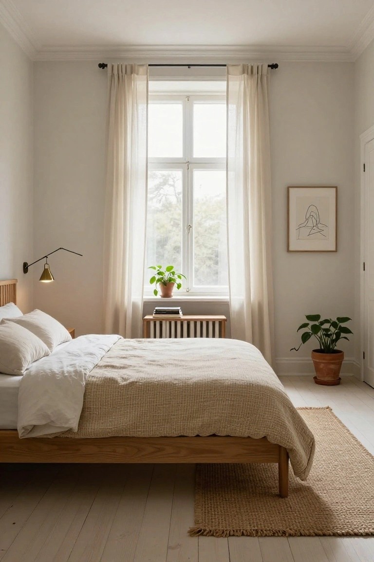 A minimalist bedroom featuring a low oak bed frame with beige linens and white pillows, sheer curtains on a tall window overlooking trees, potted plants, a wooden side table with books, a wall-mounted lamp, and a seagrass rug on light wood floors.