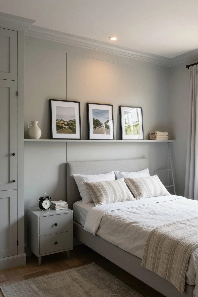 A cozy bedroom with soft gray walls and upholstered headboard, floating shelves above the bed holding black-framed landscape photos, a white vase, and folded towels, a gray nightstand with alarm clock and books beside a white bed with striped pillows, and a gray rug on wood floors.