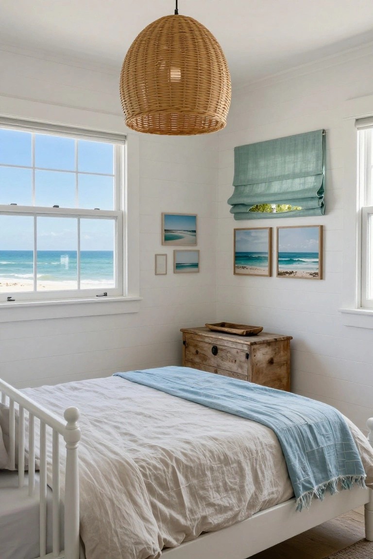 White shiplap-walled bedroom corner with large ocean-view windows, teal roman shade, rattan pendant light, rustic wood dresser, white spindle bed with beige linens and blue throw, and beach photos on walls.