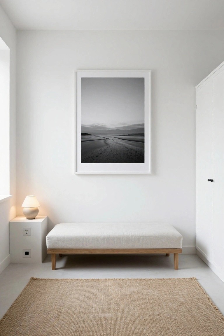 Minimalist white bedroom with low wooden daybed on beige seagrass rug, large framed black-and-white beach landscape photo on wall, ceramic lamp on white pedestal table beside electrical outlet, and white wardrobe door.