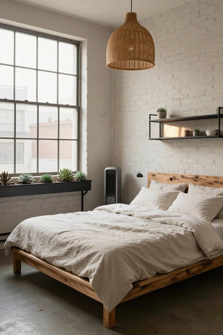 Bedroom with white brick walls, large industrial windowsills holding black metal troughs of succulents, wooden platform bed with white linen bedding, rattan pendant light overhead, metal wall shelves, and concrete floor.