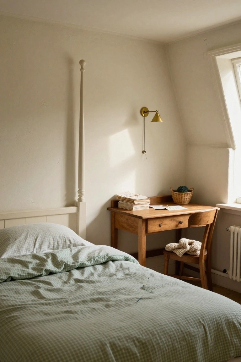 Attic bedroom with white four-poster bed covered in green checkered duvet, wooden desk holding stacked books and wicker basket with yarn next to wooden chair, brass wall lamp, sloped ceiling, and window.